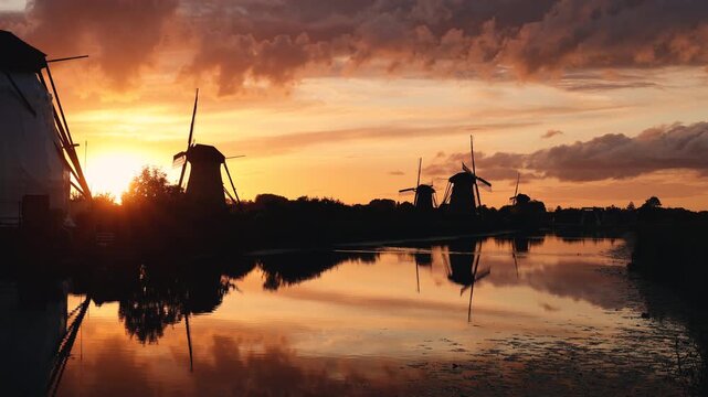 Traditional dutch windmills reflecting in a canal at sunset in Kinderdijk, Netherlands, with a beautiful orange sky