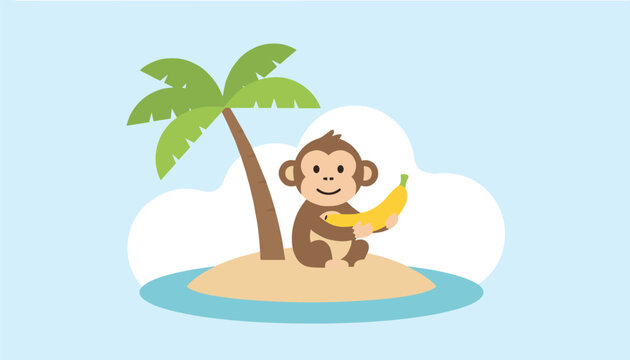 Cute monkey character sitting on a tropical island with a banana