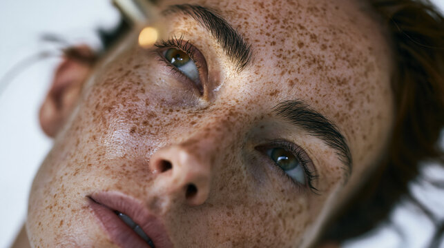 Close-up portrait of a young woman's face. she has freckles on her face and her eyes are looking directly at the camera. her hair is styled in loose curls and she has a slight smile on her lips.
