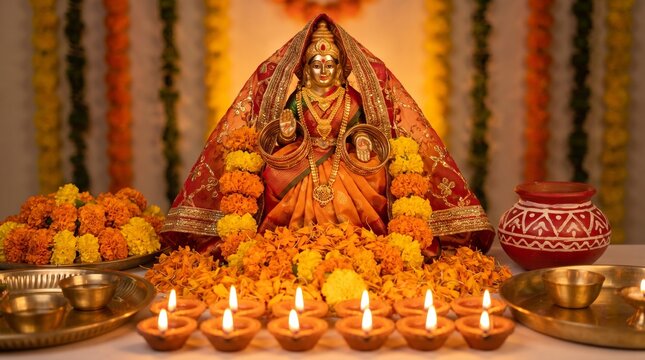 Decorated Goddess Parvati idol with glowing lamps, flowers for Mangala Gauri Vrat, capturing Hindu devotion and