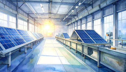 Obraz premium Solar panel manufacturing facility assembly line with automated systems watercolor illustration showcasing industrial production in a modern factory setting vibes generative AI