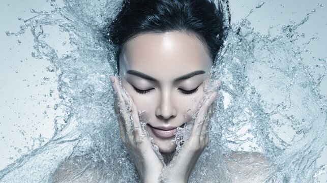 Beauty skincare wellness East Asian woman with hands on face surrounded by dynamic water splashes, glowing hydrated skin, facial cleansing, freshness, selfcare and cosmetic treatment concept.