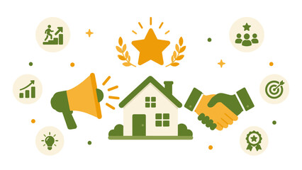 Naklejka premium Real estate marketing and successful home sales concept with house icon handshake megaphone and business achievement symbols on a clean white background