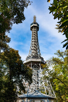 Petrin observation tower replica among trees in Prague