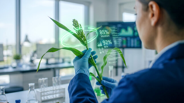 Laboratory specialist evaluating brix and moisture content of hybrid crop for sustainable food production, ESG initiative
