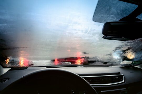 Car interior view withfoggy windshield