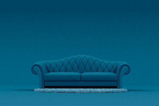 Blue sofa with light blue rug