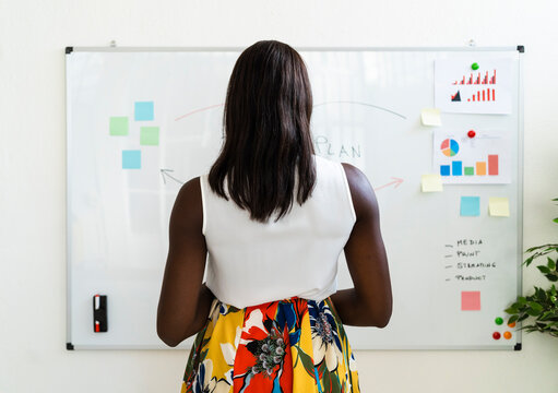 Businesswoman making business strategy while standing by whiteboard at office