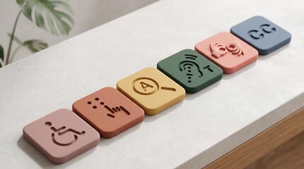 Set of 3d accessibility icons representing disability inclusion and universal design on a modern textured surface for digital interface navigation