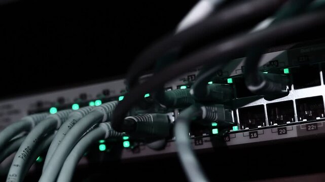Cables plug into network equipment with glowing green lights. Dark room highlights the active connections. Technology pulses with constant data flow. Ideal for web, IT