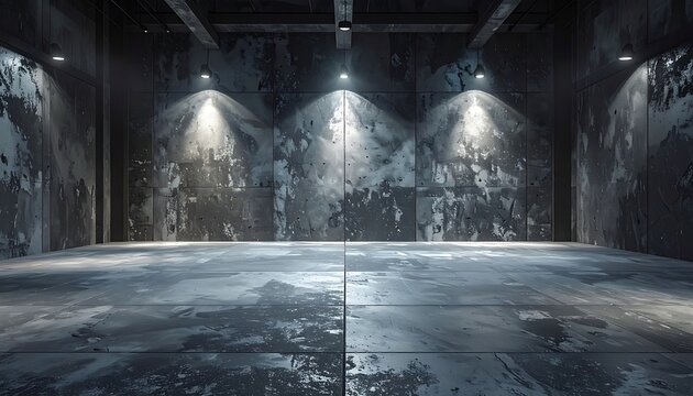 A dimly lit industrial room with a concrete floor and walls