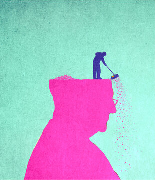 Illustration of man sweeping off deteriorating head of senior man suffering from Alzheimers disease
