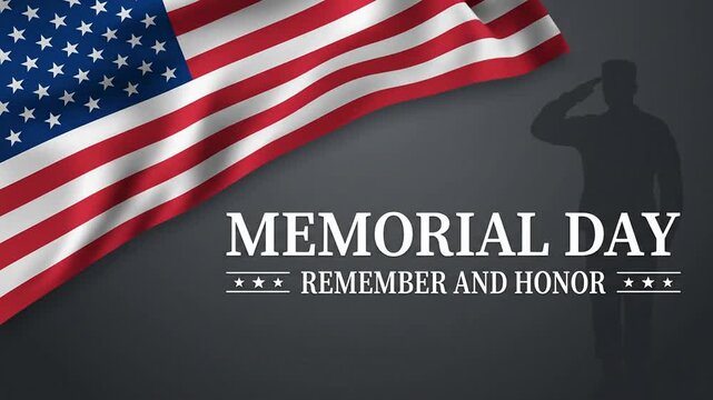Memorial Day tribute with waving American flag and saluting soldier silhouette on dark background