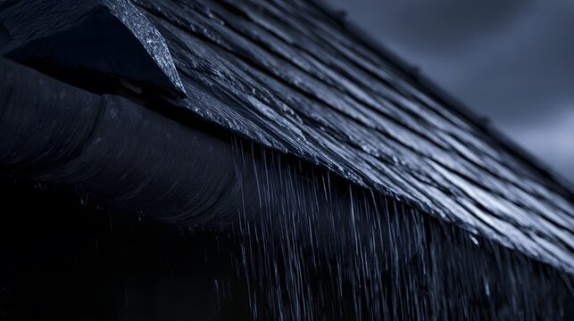 Heavy rain cascades over a resilient slate roof showcasing dramatic industrial texture and architectural detail