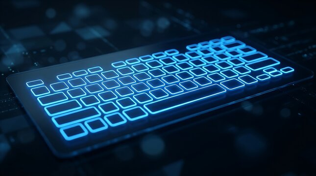 Modern computer keyboard with glowing blue light keys on a dark black background
