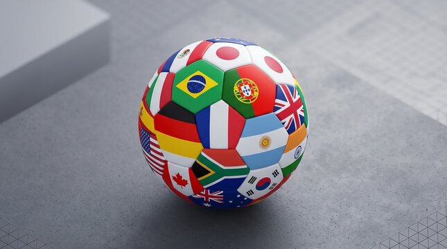 Global soccer ball featuring national flags of different countries for international sports tournament