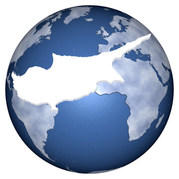 Sagoma di Cipro sovrapposta al globo terrestre, simbolo di identit&agrave; nazionale, presenza internazionale e connessione con l&rsquo;Europa e il Mediterraneo orientale.