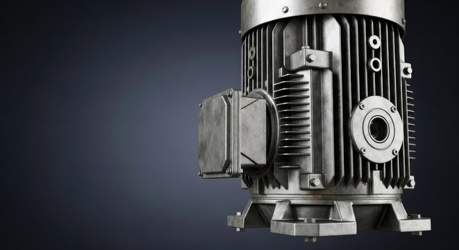 Industrial electric machine component rendered with metallic texture against a dark backdrop