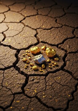 Small gold nuggets or scattered flecks resting in cracked, arid, brown earth, representing difficult extraction and the pursuit of meager wealth, asset, valuable, cracked