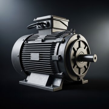 Industrial electric machinery component rests on a dark, neutral background with subtle spotlighting.