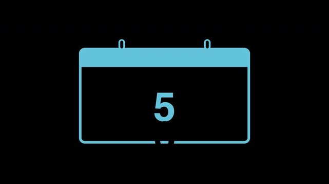 Blue calendar page with changing dates, transparent background loop animation