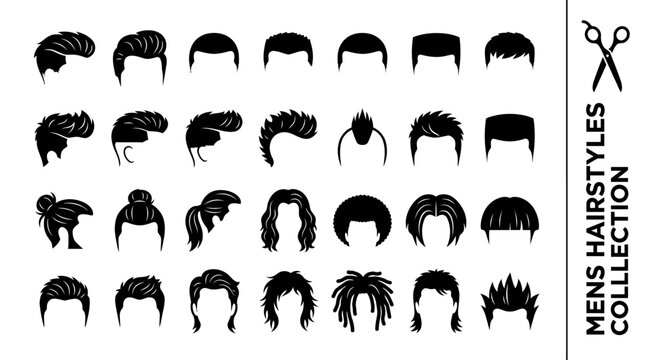 Comprehensive collection of various men's hairstyle silhouettes featuring diverse modern and classic hair cuts for barber grooming