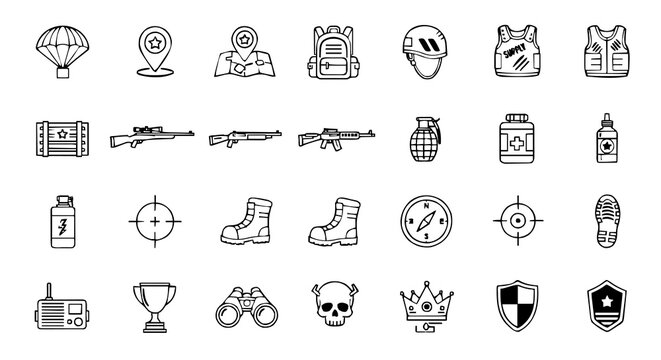 Diverse military-themed vector icons featuring a parachute, map pins, backpack, helmet, body armor, rifles, grenade, medical supplies, boots, compass, and tactical gear, rendered