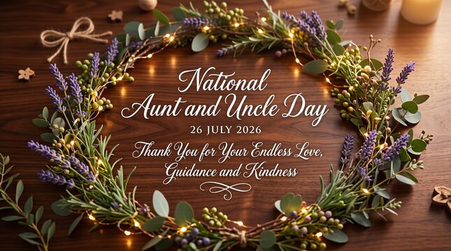 National Aunt and Uncle Day, festive wreath, wooden background, holiday greeting, floral arrangement