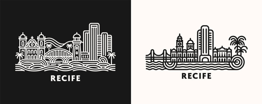 Recife Skyline Cityscape Illustration Featuring Brazilian Coastal Architecture and Historic Bridge Landmarks in Minimal Linear Graphic Style