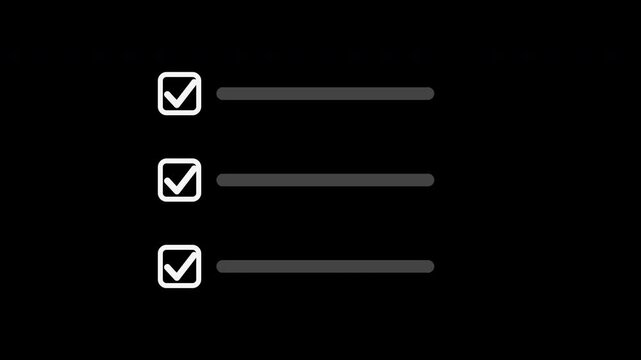White checklist items being checked off one by one, transparent background animation