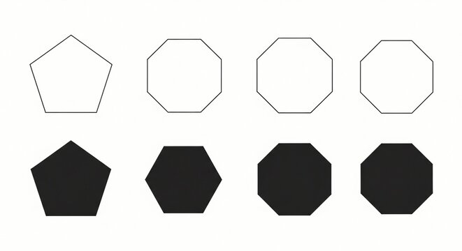 Geometric set featuring various flat polygon shapes including pentagons and octagons presented in both simple black outline and solid black fill styles on white background