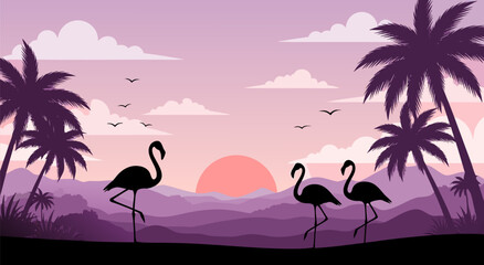Flamingo silhouettes in a tropical sunset vector illustration design for creative background wallpaper and artistic project decor © DOLARRIZ JHON