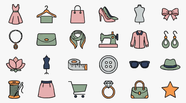 Industrial Flat Set of Fashion and Sewing Accessories with Pastel and Neutral Color Palette with high quality professional line art symbols for modern creative design and digital branding projects
