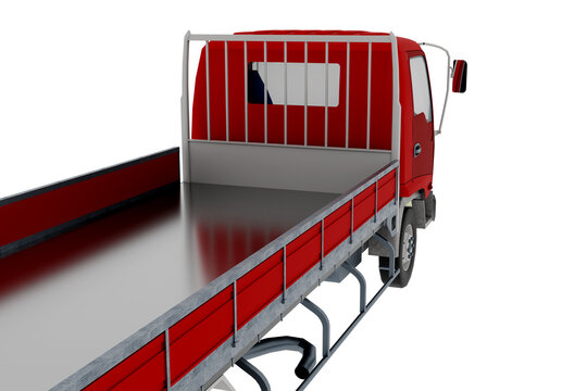 Illustrazione PNG di un camion pianale rosso con struttura metallica e sfondo trasparente. Ideale per grafica, logistica, trasporti, edilizia, infografiche e progetti commerciali.