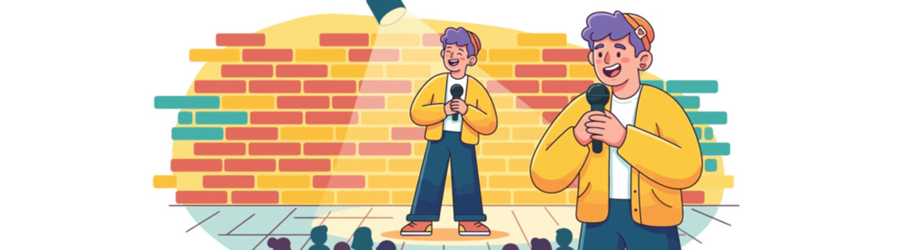 Comedian Performing Stand Up Comedy On Stage With Microphone, Spotlight, Brick Wall Background