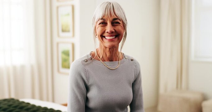 Wellness, face and senior woman in home with smile, positive attitude and weekend break with unwind. Wellbeing, portrait and elderly person with confidence, good mood and satisfaction in retirement.