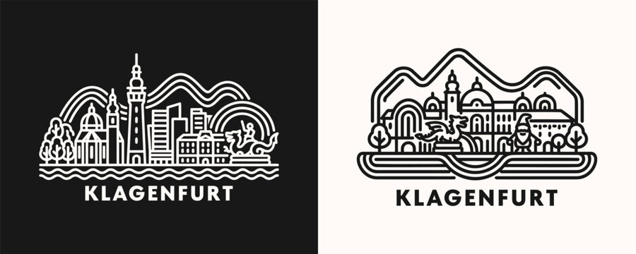 Klagenfurt Skyline Cityscape Illustration Featuring Austrian Urban Architecture and Lake Worthersee Landmarks in Minimal Linear Graphic Style