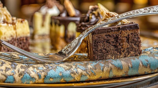 Elegant silver-plated dessert fork with delicate etching rests on a richly textured napkin beside chocolate cake slices.