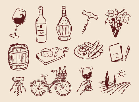 Italian wine tasting hand drawn doodle vector illustration with wine bottle glass barrel grapes bicycle and vineyard elements