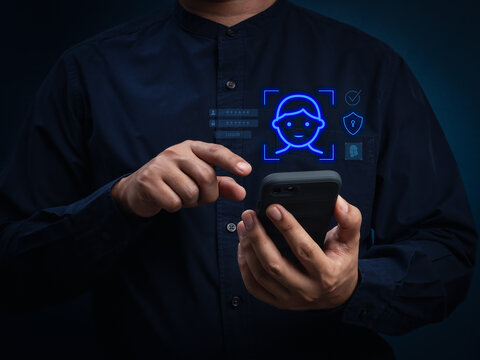 Digital identity verification concept featuring mobile face recognition and biometric authentication. Secure user access, eKYC verification, digital trust, identity management, and cybersecurity.