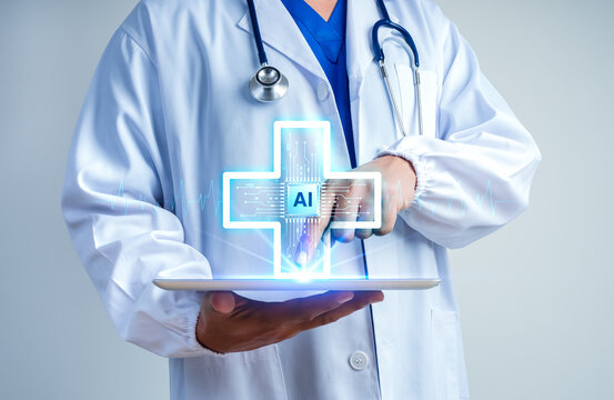 Doctor using tablet with AI healthcare interface and digital medical cross. Artificial intelligence, smart diagnostics, digital health, clinical innovation, and modern healthcare technology concept.