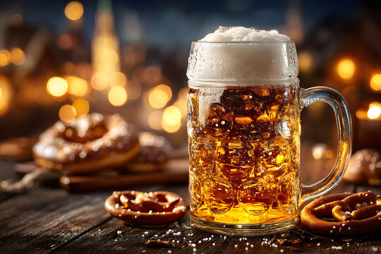 Festive Oktoberfest Celebration with Beer Mug and Pretzels - Perfect for Party, Poster, or Card Design