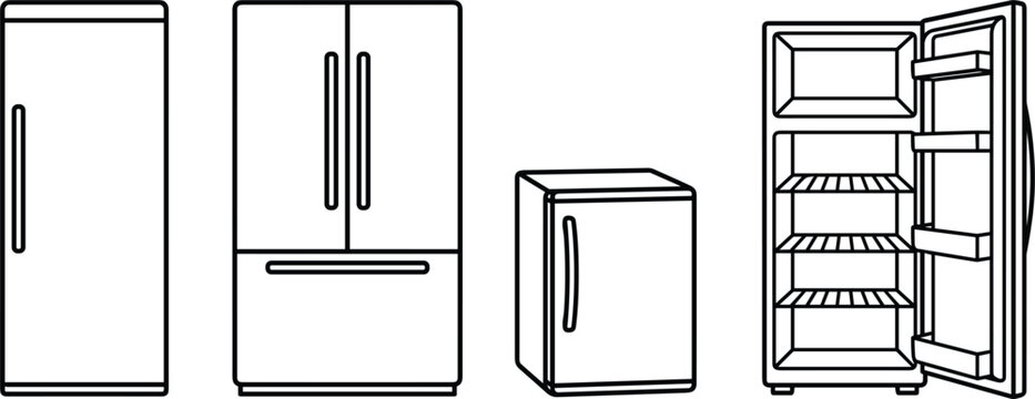Kitchen Refrigerator Appliance Line Icon Set Featuring Single Door Fridge Double Door French Bottom Freezer Mini Bar and Open Storage Units Vector Graphics