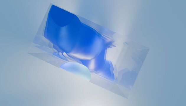 Abstract 3d rendering of floating transparent blue glass block