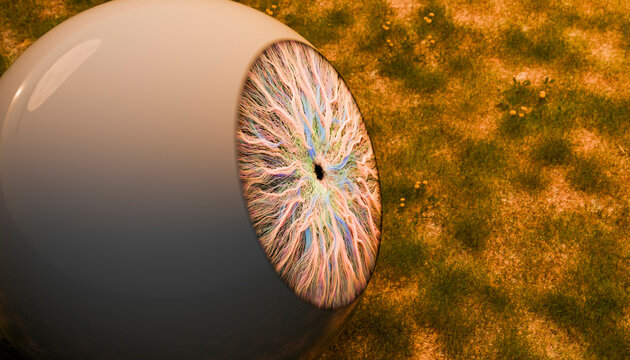 Abstract 3D render of a surreal colorful eye over grass