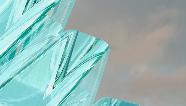 Abstract 3D rendering of modern geometric glass structure with sky