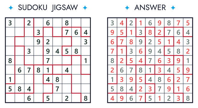 Jigsaw sudoku puzzle game with answer key for brain training activity books and educational materials showing logic grid with irregular shapes on white background