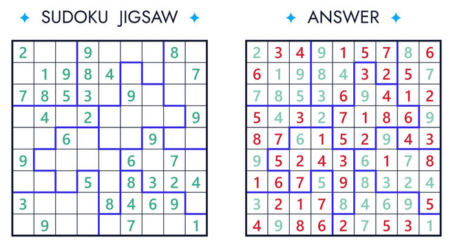 Jigsaw Sudoku puzzle and solution for mental exercise, mathematical logic game and brain training activity for educational and commercial use