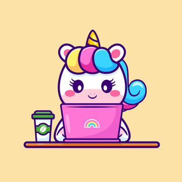 Cute Unicorn Playing Laptop With Coffee Cartoon