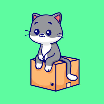 Cute Cat Sitting On Cardboard Box Cartoon 